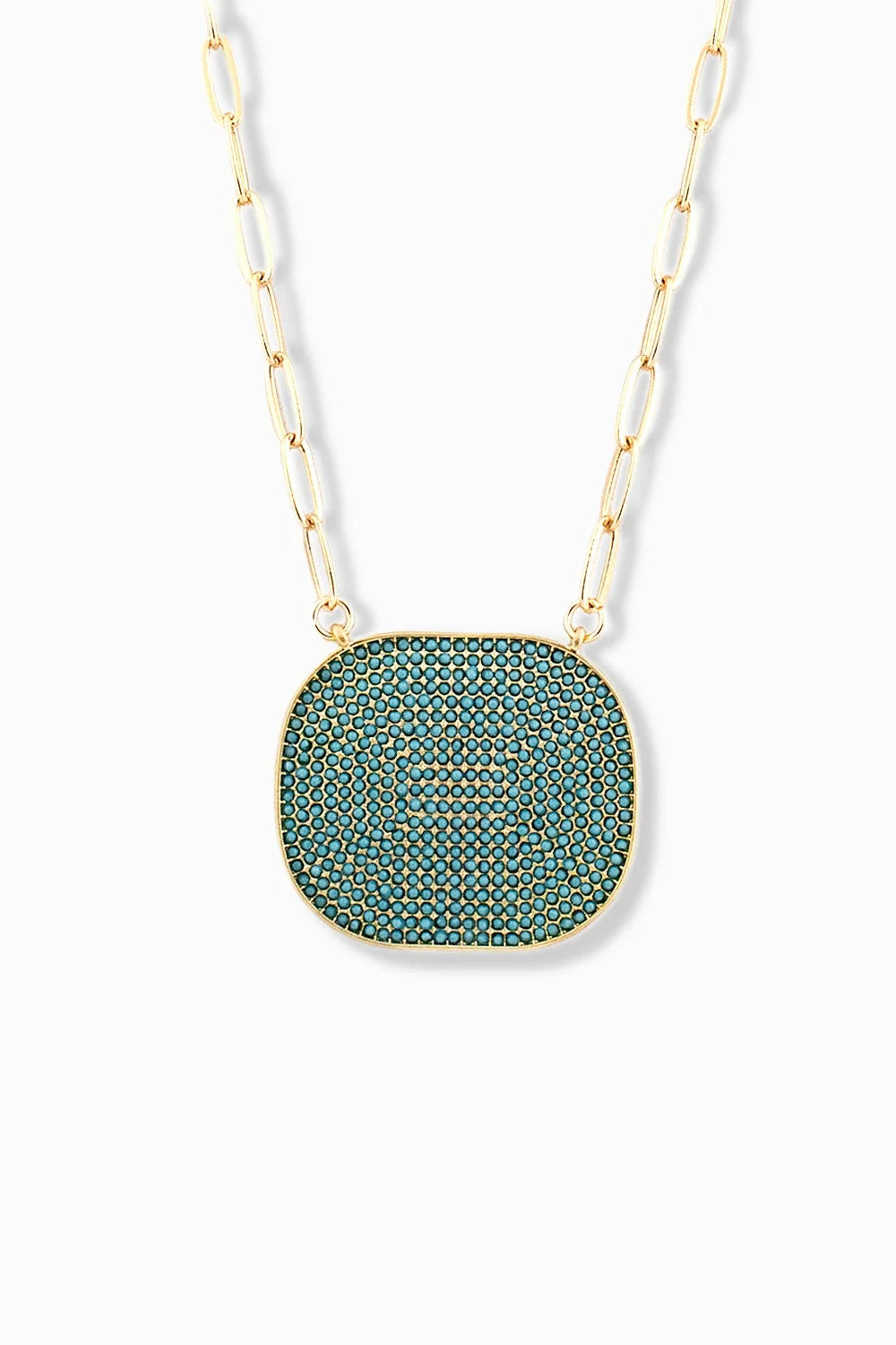 Link necklace with CZ pendant in gold turqouise