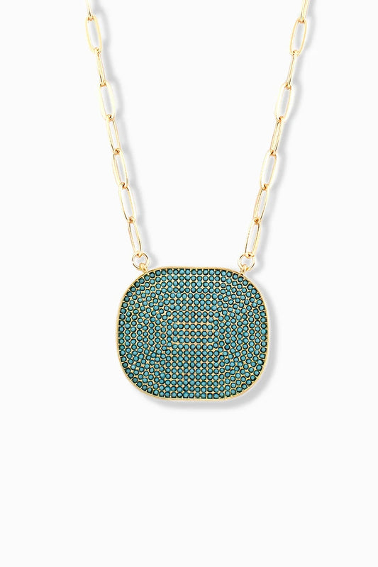 Link necklace with CZ pendant in gold turqouise
