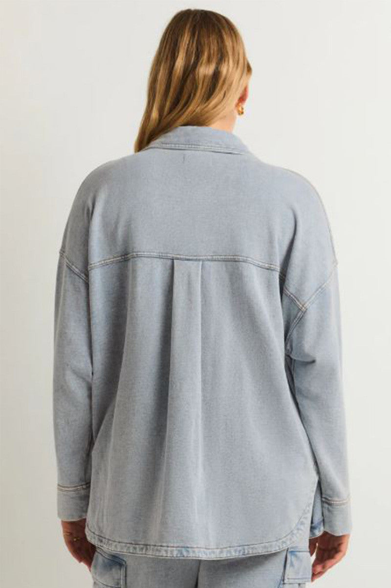 ALL DAY KNIT DENIM JACKET in washed indigo back view