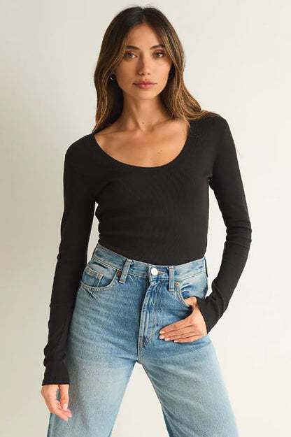 serena rib long sleeve tee in black front view