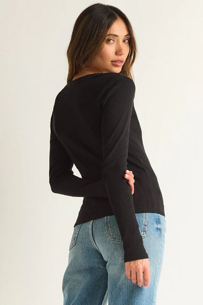 serena rib long sleeve tee in black side view