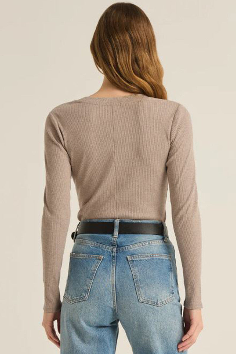 serena rib long sleeve tee in heather taupe back view