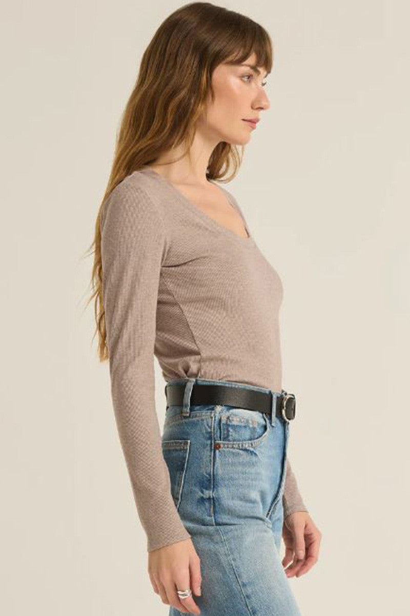 serena rib long sleeve tee in heather taupe side view