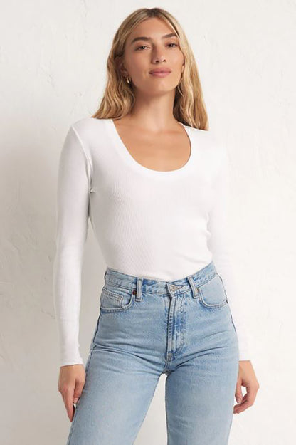 serena rib long sleeve tee in white front view