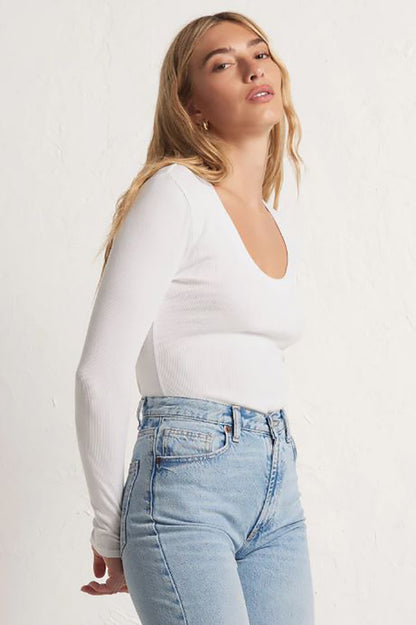 serena rib long sleeve tee in white side view