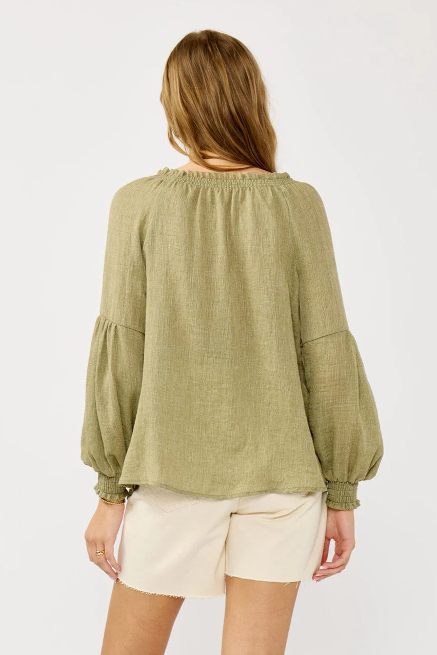 BISHOP RAGLAN LONG SLEEVE BOHO TOP IN OLIVE BACK VIEW