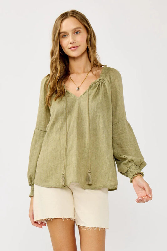 BISHOP RAGLAN LONG SLEEVE BOHO TOP IN OLIVE FRONT VIEW