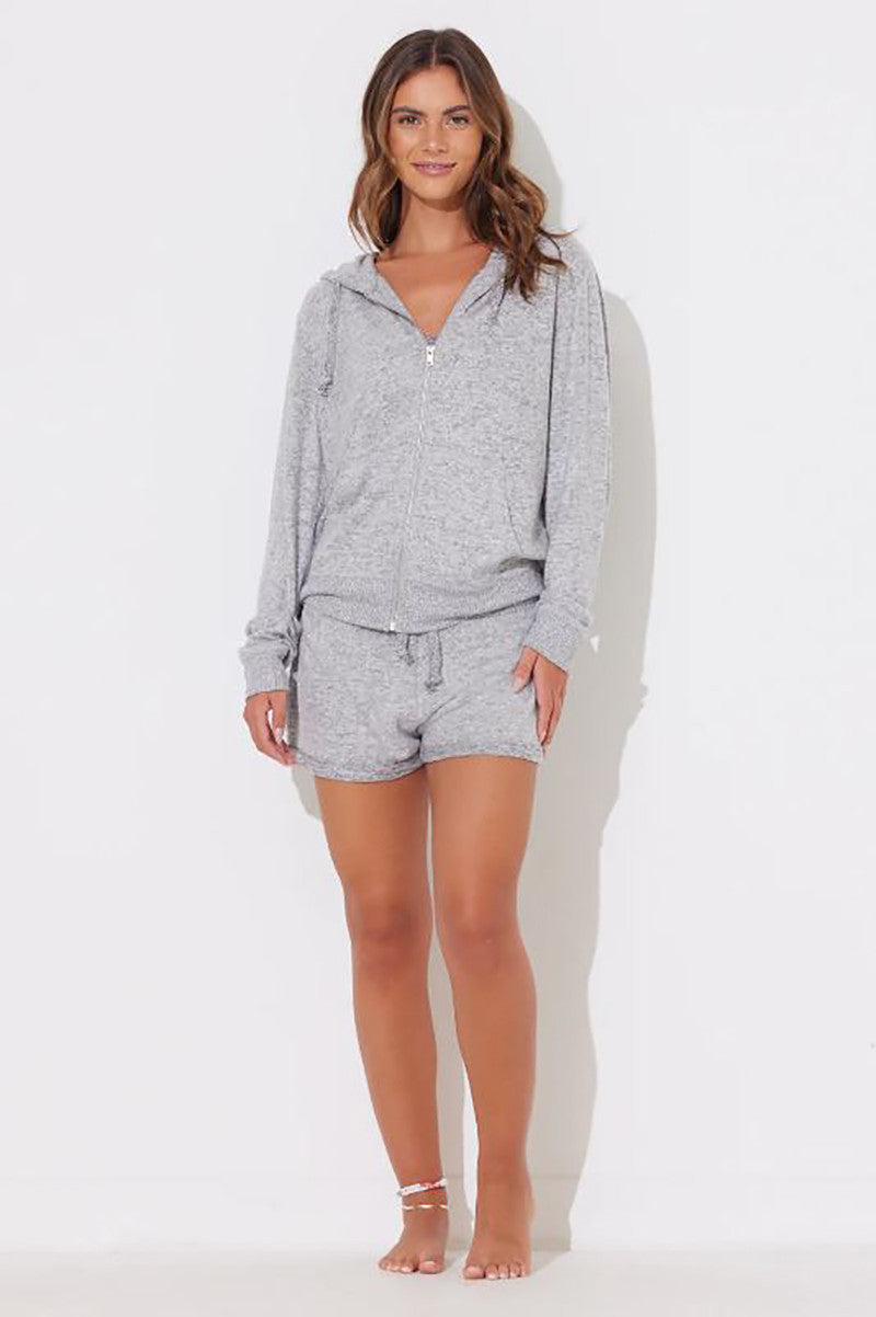 Hacci zip up hoodie in heater grey front view