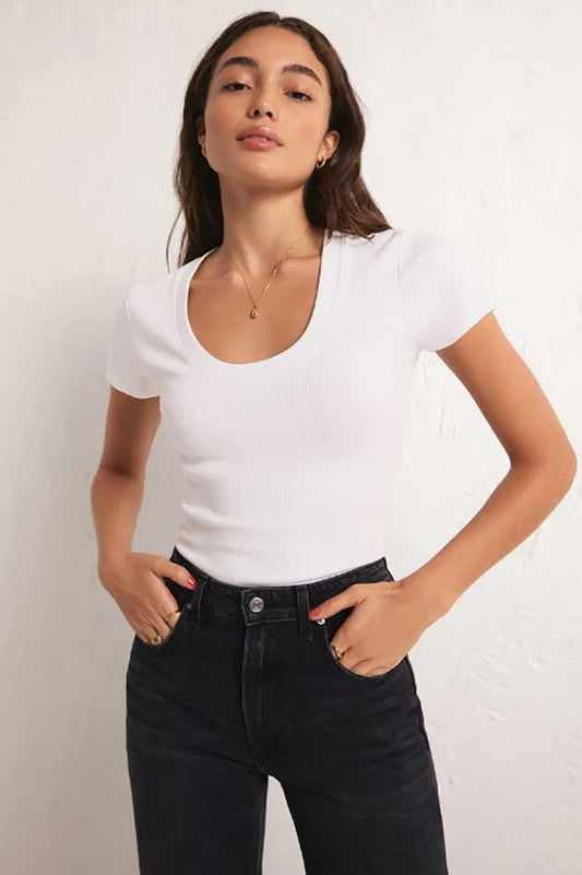 Z SUPPLY SIRENA Short Sleeve Tee in white, scoop neck; short sleeves, front view.