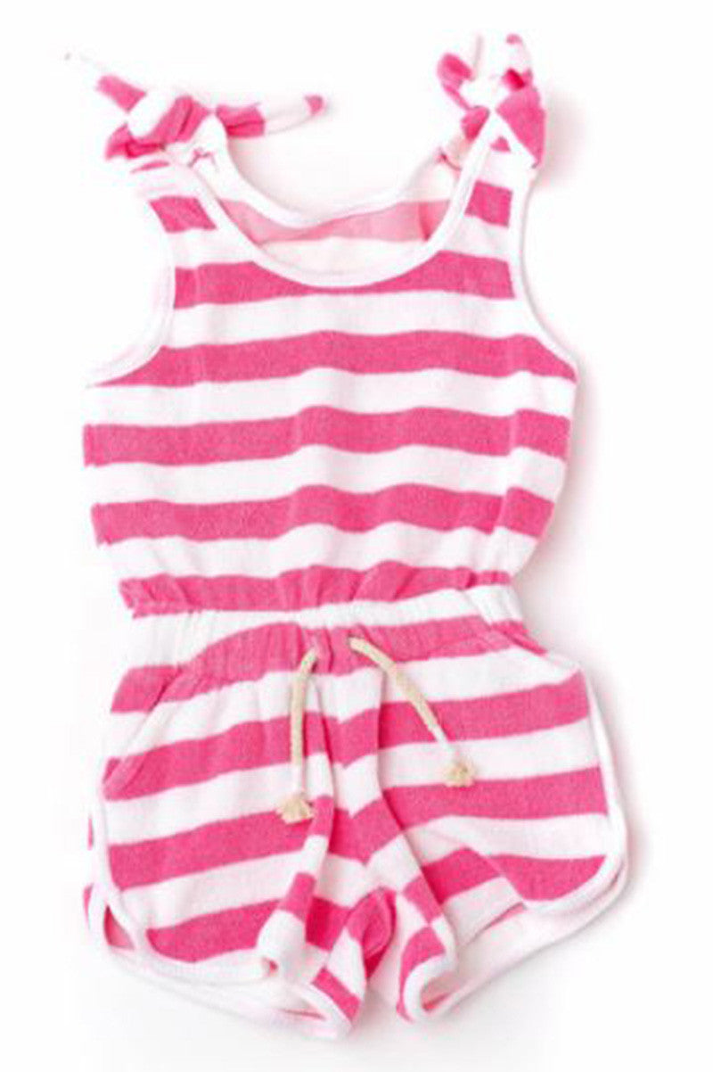Terry cloth romper in pink stripe front view