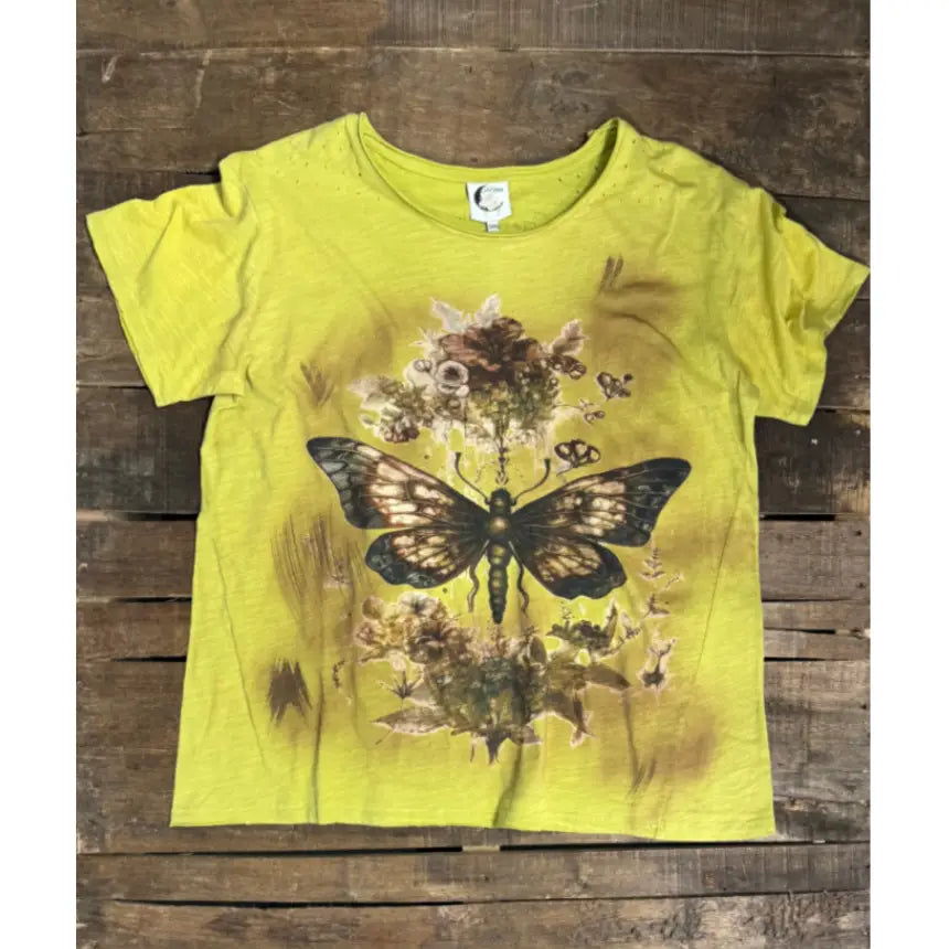 Neon yellow graphic T-shirt with black-and-gold butterfly and floral illustration