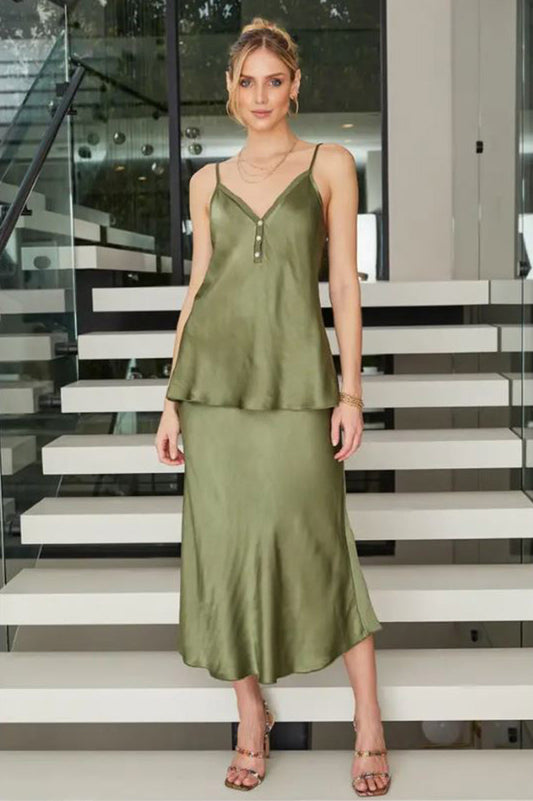 Satin Maxi Skirt in army green front view