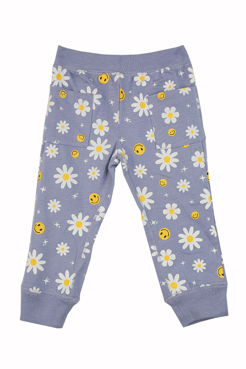 Smiley Daises Slim Joggers with daisy and smiley face print all over. background color is light purple.