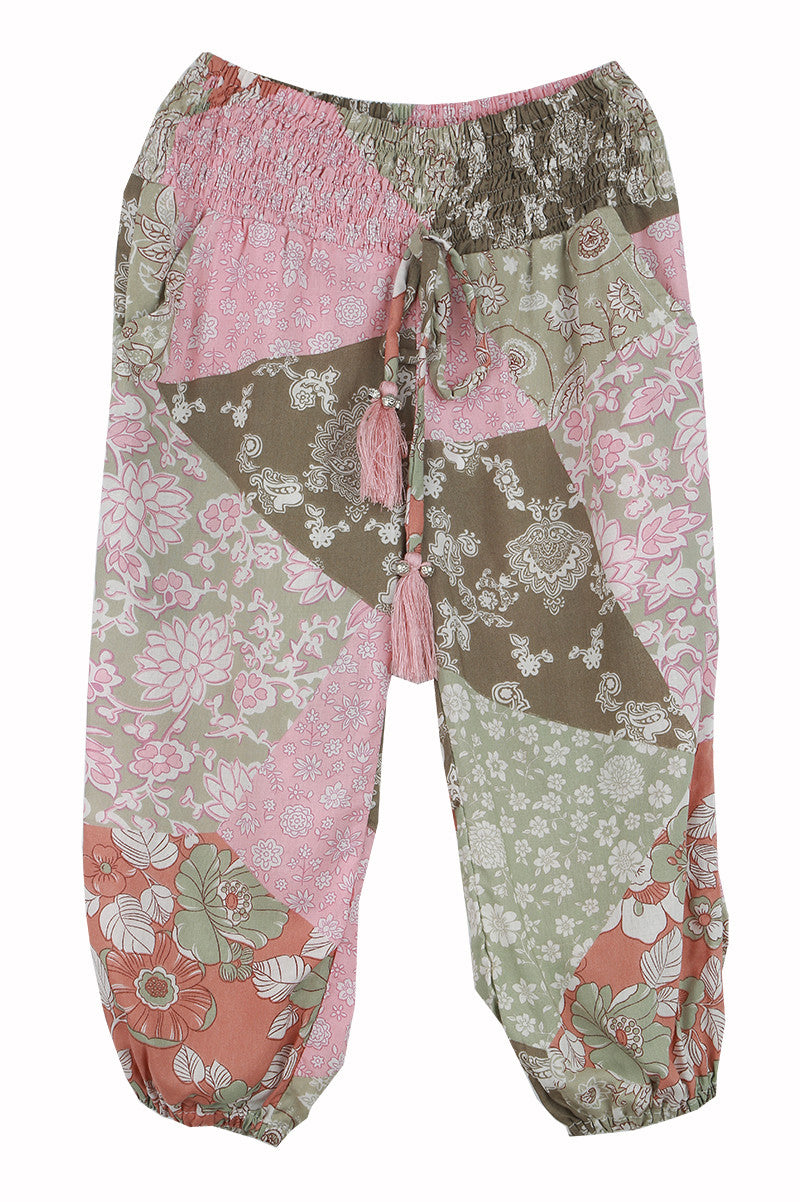 Printed Om Pant in pink and green patchwork style print.