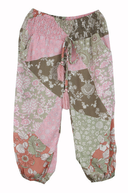 Printed Om Pant in pink and green patchwork style print.