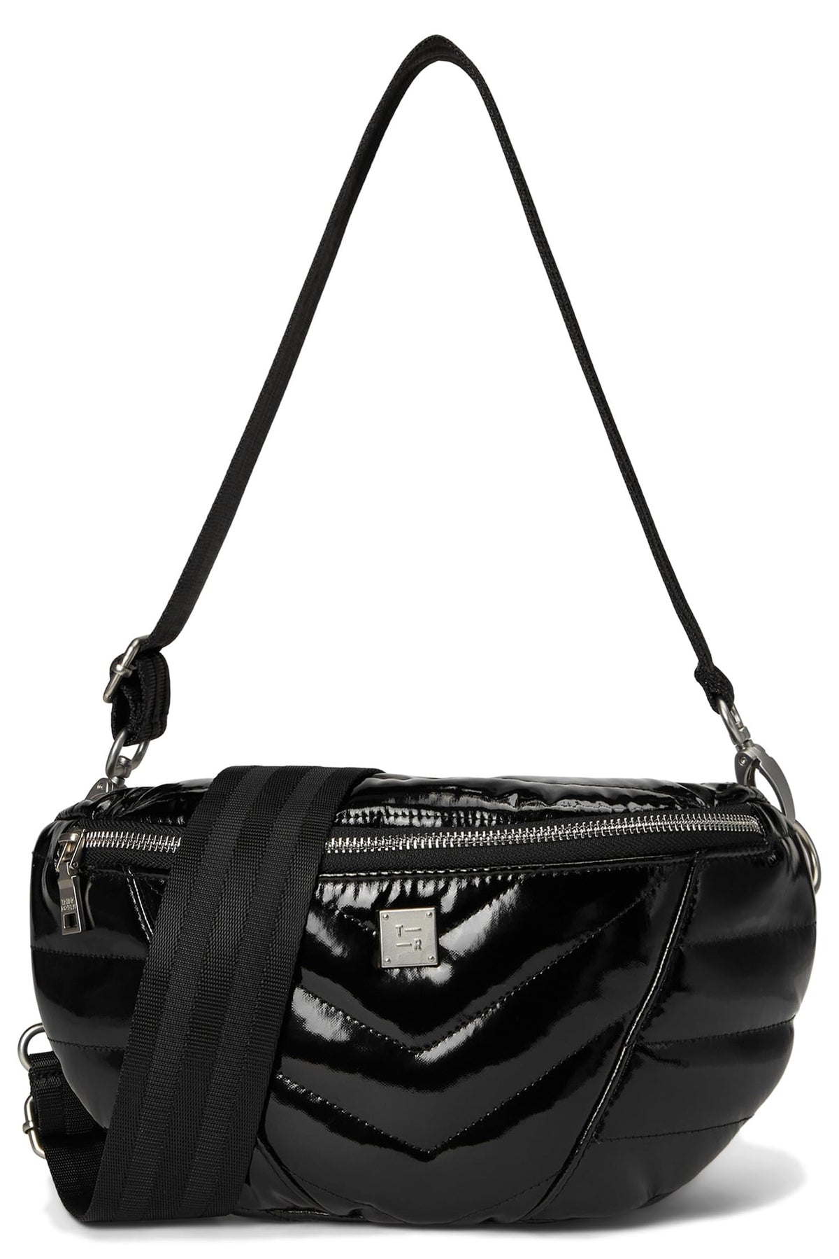 A black patent leather crossbody bag with a glossy chevron quilted front panel, a black webbing strap, and a small silver-tone logo plaque on the front, shown against a plain white background.