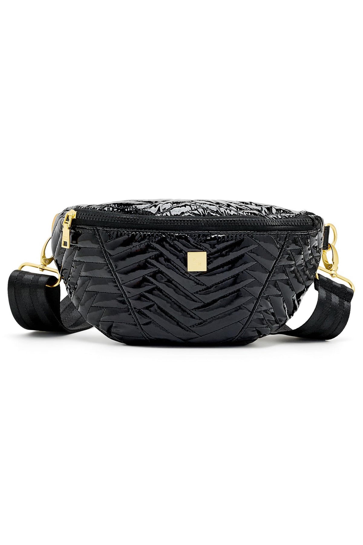 A black textured waist bag with a glossy chevron quilt pattern, gold-tone hardware, and a black adjustable shoulder strap, shown against a plain white background.