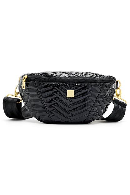 A black textured waist bag with a glossy chevron quilt pattern, gold-tone hardware, and a black adjustable shoulder strap, shown against a plain white background.