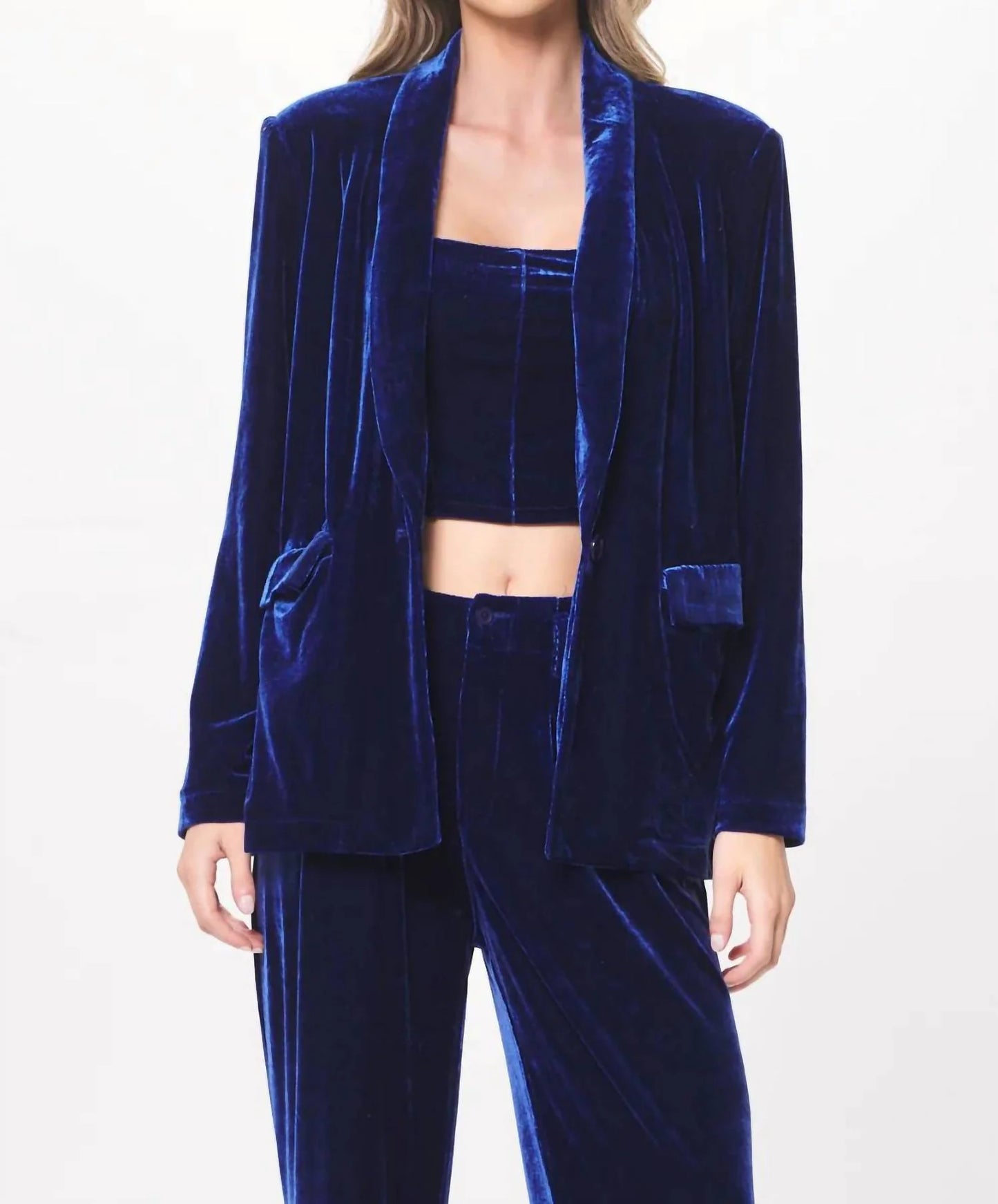 Oversized velvet blazer in deep blue front view