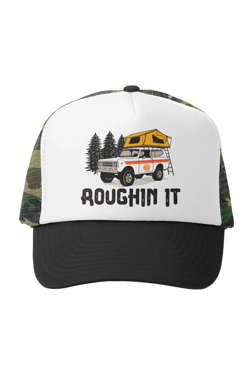 Roughin it trucker hat in camo white