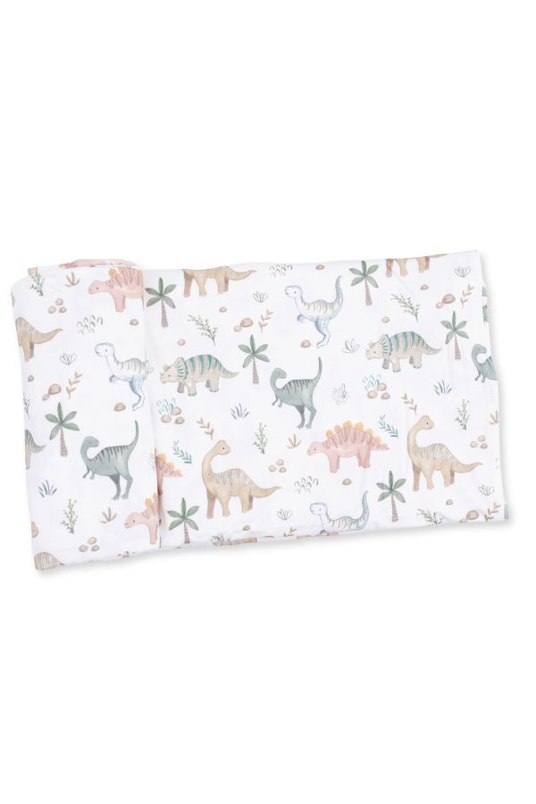 A folded white swaddle blanket featuring a whimsical sweet baby dinos pattern in soft pastel shades of pink, green, and blue, displayed on a clean white background.