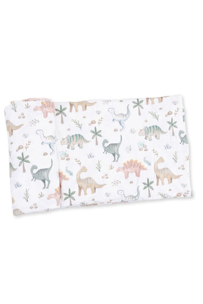 A folded white swaddle blanket featuring a whimsical sweet baby dinos pattern in soft pastel shades of pink, green, and blue, displayed on a clean white background.