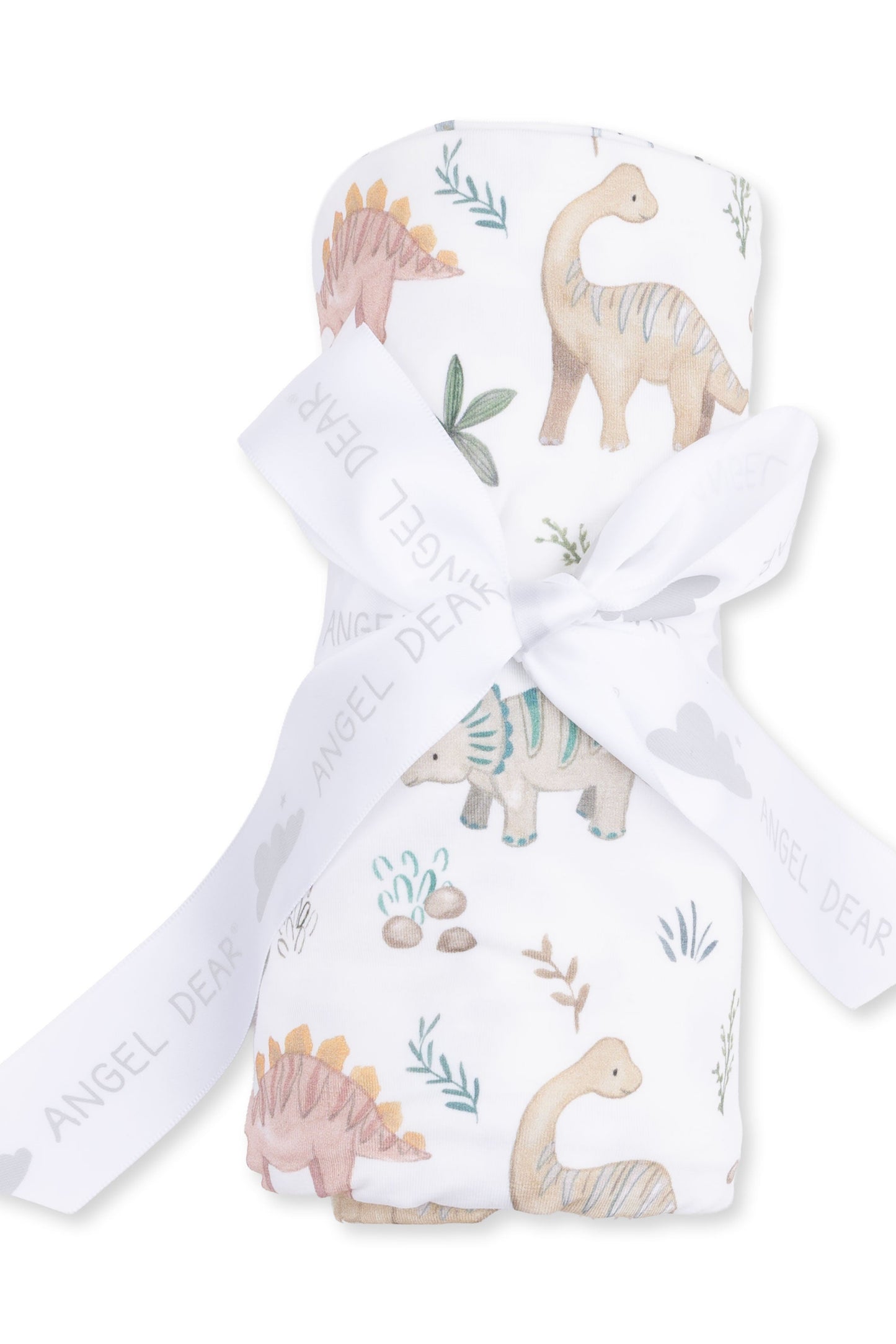 Baby swaddle blanket with sweet baby dinos pattern on a white background with a white bow on it