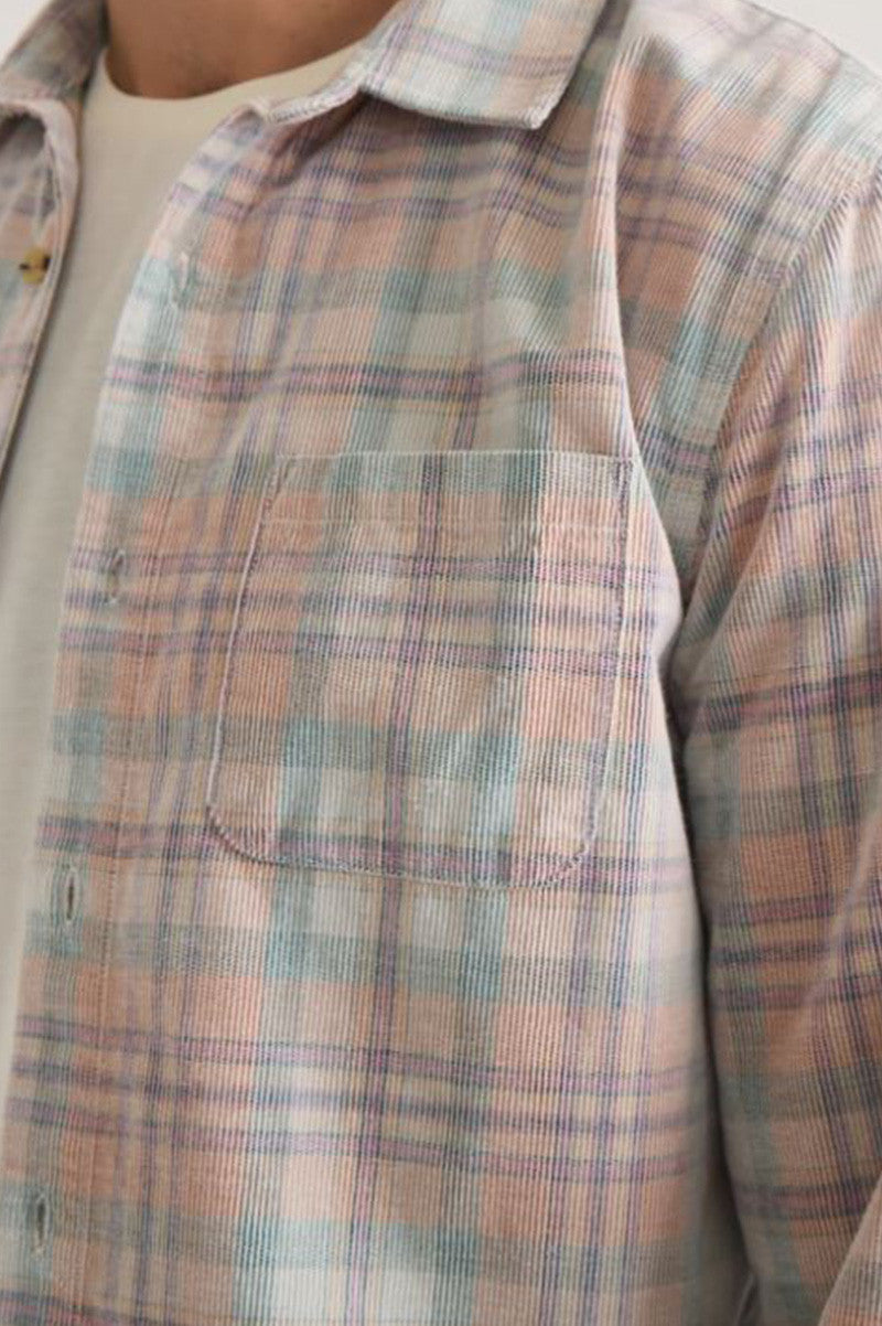 Lightweight Plaid Corduroy Shirt in cork multi plaid front detail view