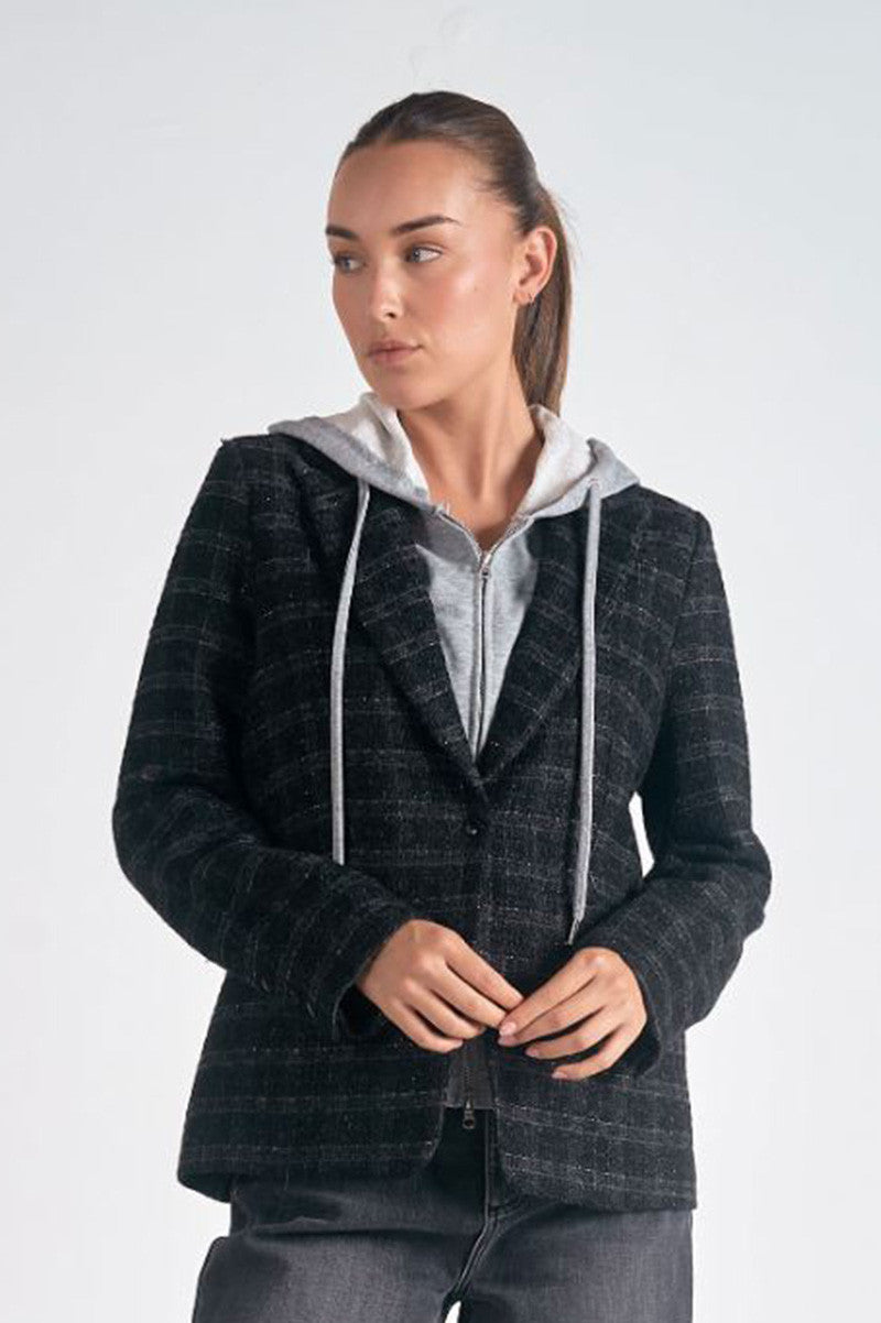harper blazer hoodie in black/silver plaid front view
