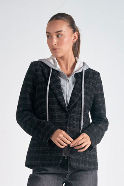 harper blazer hoodie in black/silver plaid front view