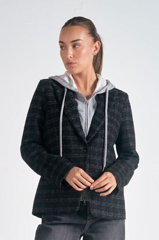 harper blazer hoodie in black/silver plaid front view