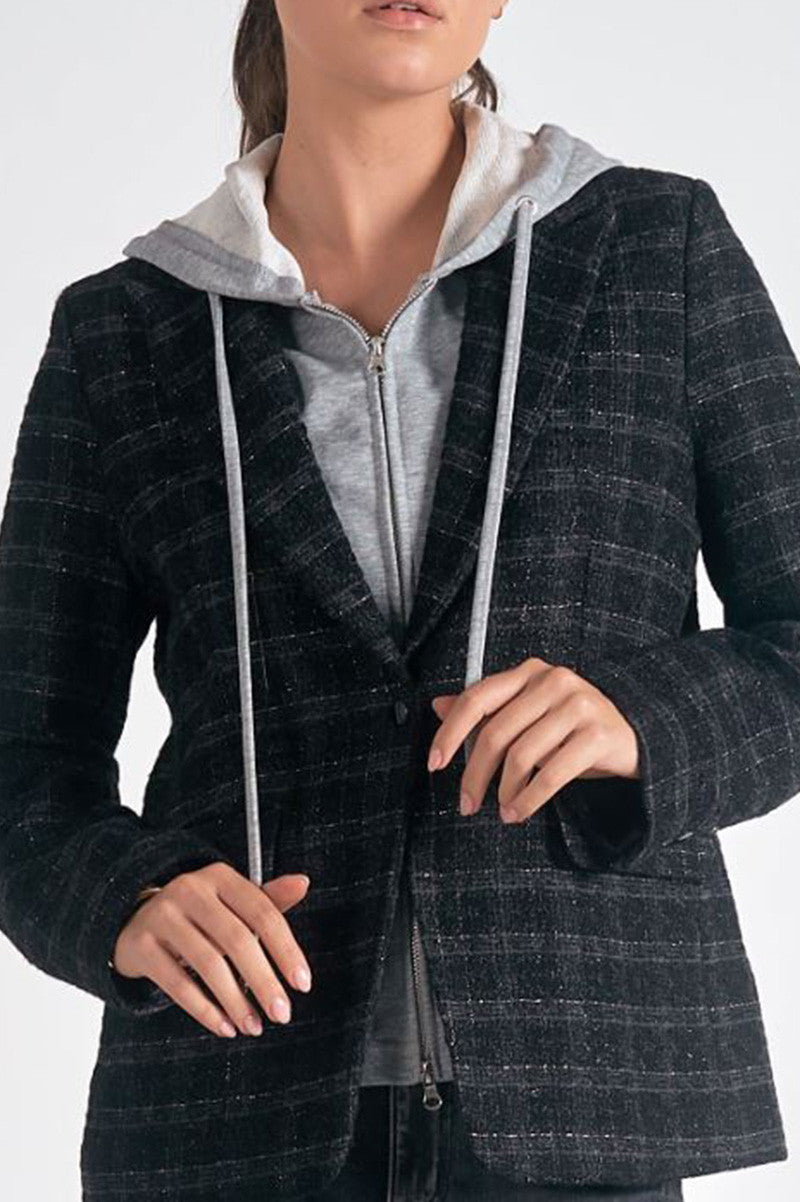 harper blazer hoodie in black/silver plaid front view