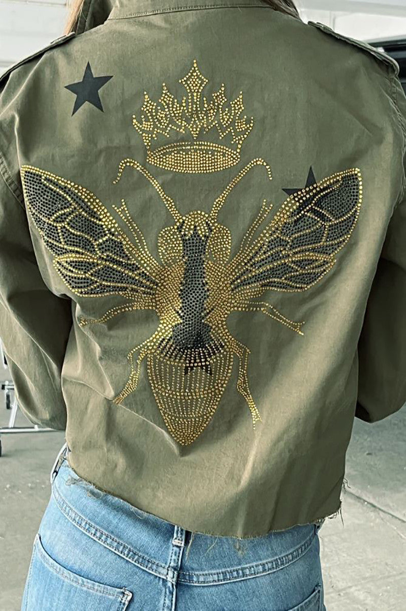 Queen bee cropped shacket in army green back view