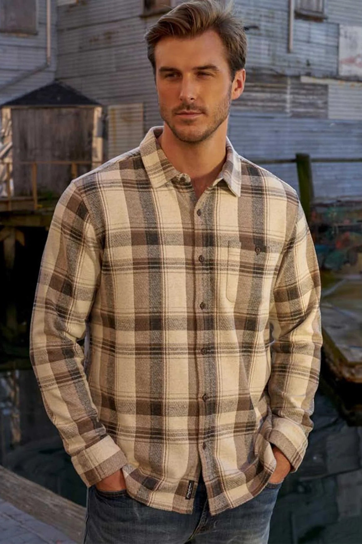 COLOR BLOCK LONG SLEEVE HERO KNIT FLANNEL IN CHARCOAL/CREAM FRONT VIEW