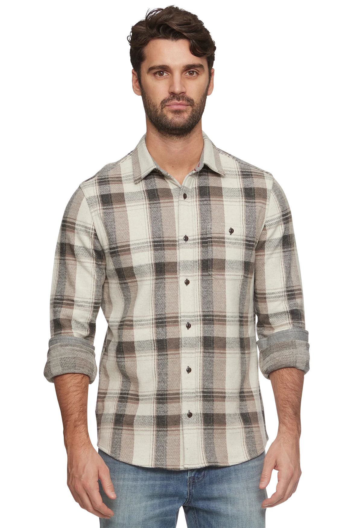 COLOR BLOCK LONG SLEEVE HERO KNIT FLANNEL IN CHARCOAL/CREAM FRONT VIEW