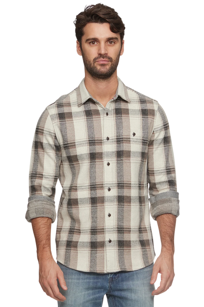 COLOR BLOCK LONG SLEEVE HERO KNIT FLANNEL IN CHARCOAL/CREAM FRONT VIEW