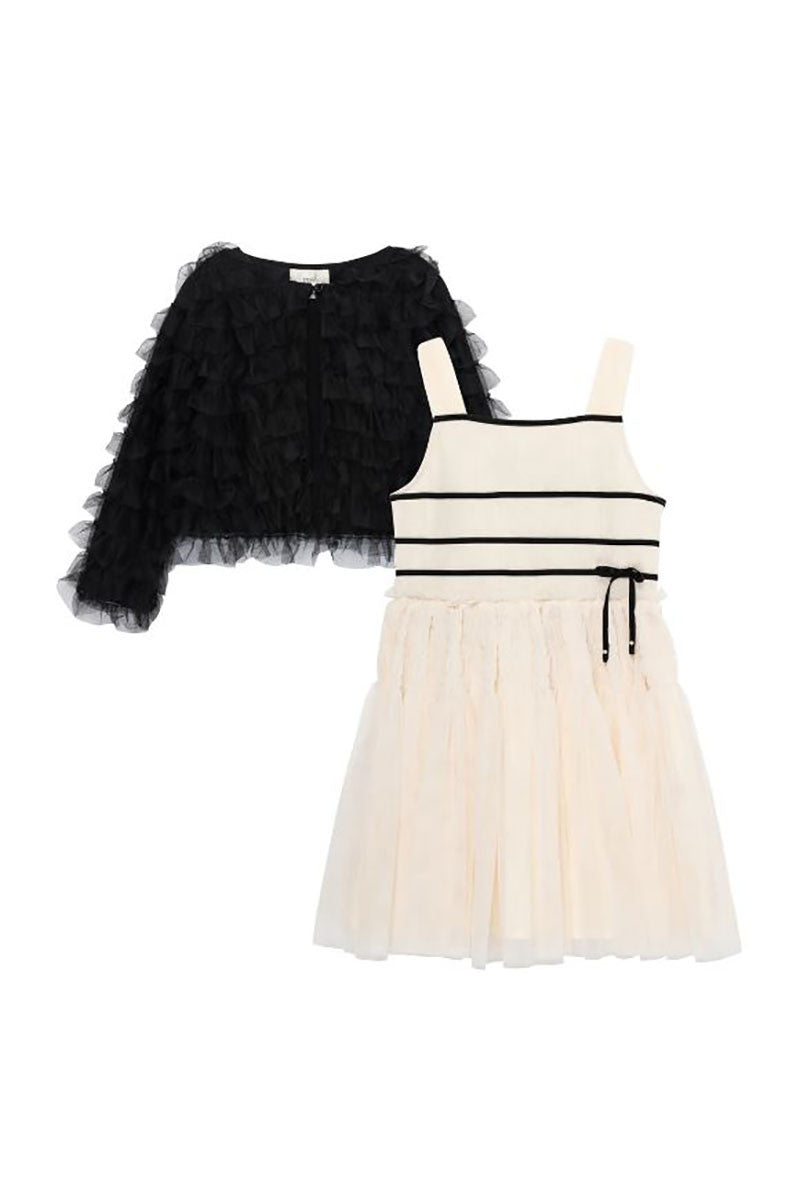 Mesh dress with cardigan cream and black front view