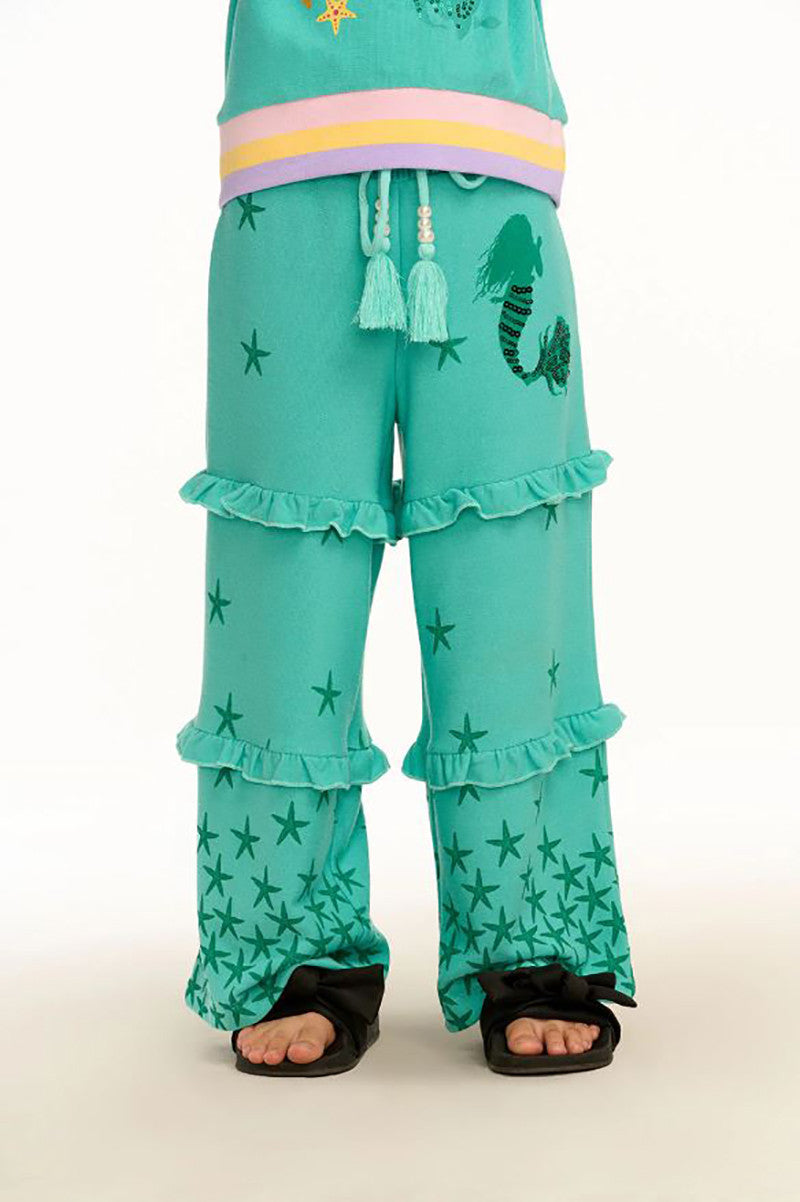 Mermaid joggers with ruffles in seafoam front view