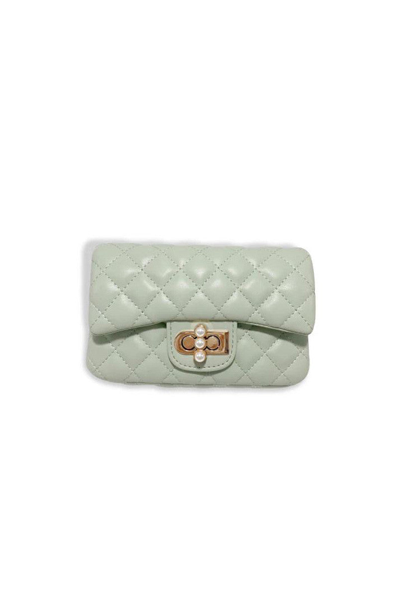 pearl closure quilted purse in green front view