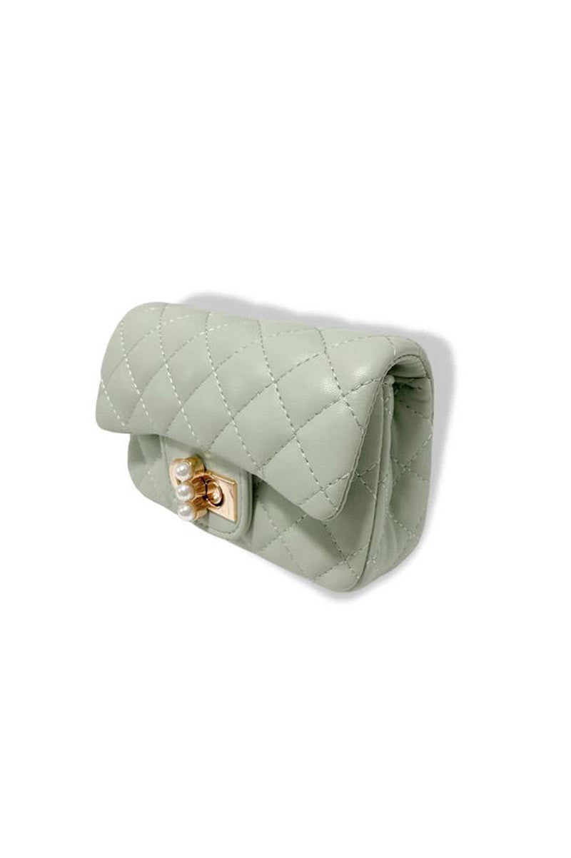 pearl closure quilted purse in green side view