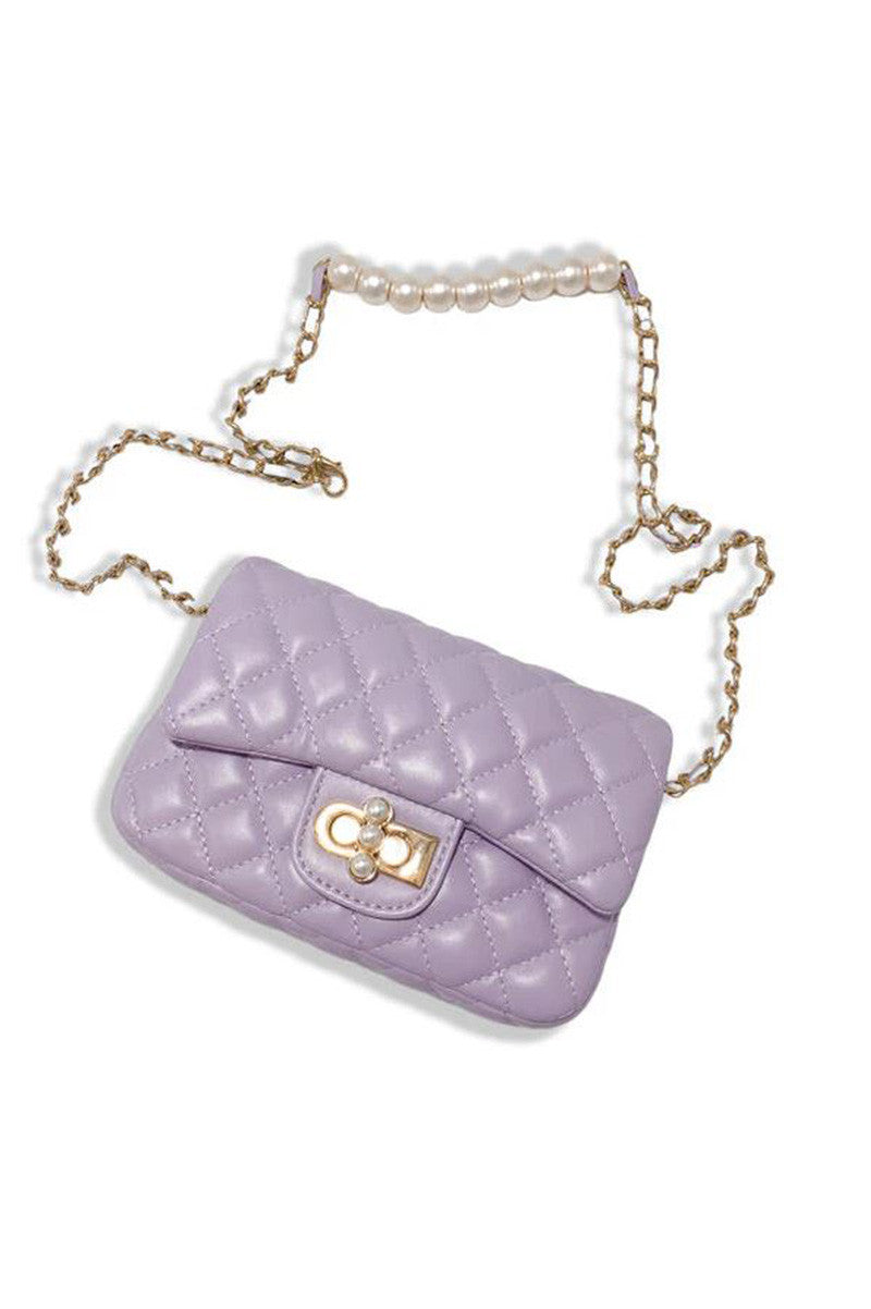 pearl closure quilted purse in purple front chain view