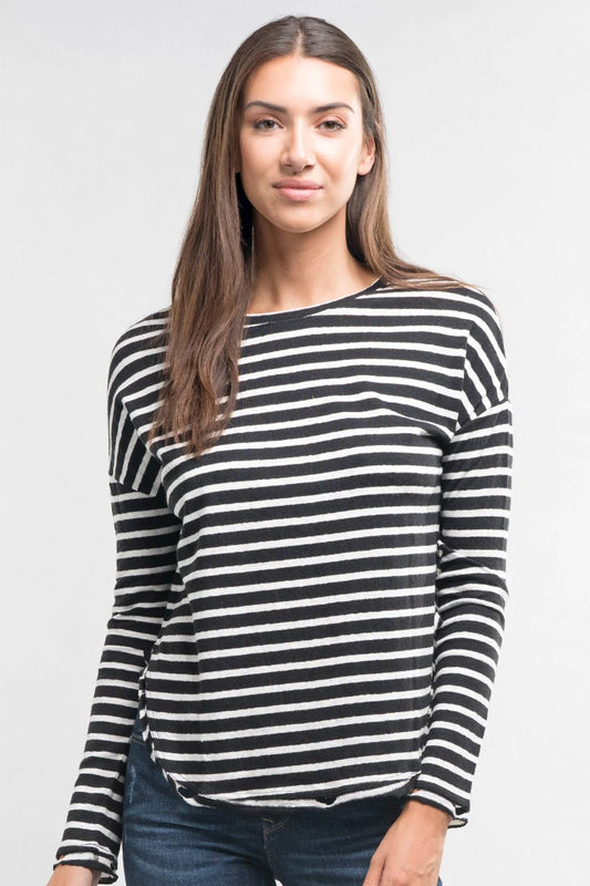 LINEN STRIPED L/S HEM TEE IN BLACK/IVORY FRONT VIEW