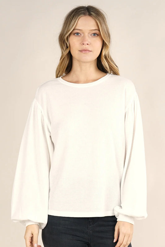 BABY THERMAL LONG SLEEVE CREW NECK TOP IN WHITE FRONT VIEW