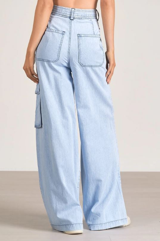 Wide leg cargo pant in blue back view