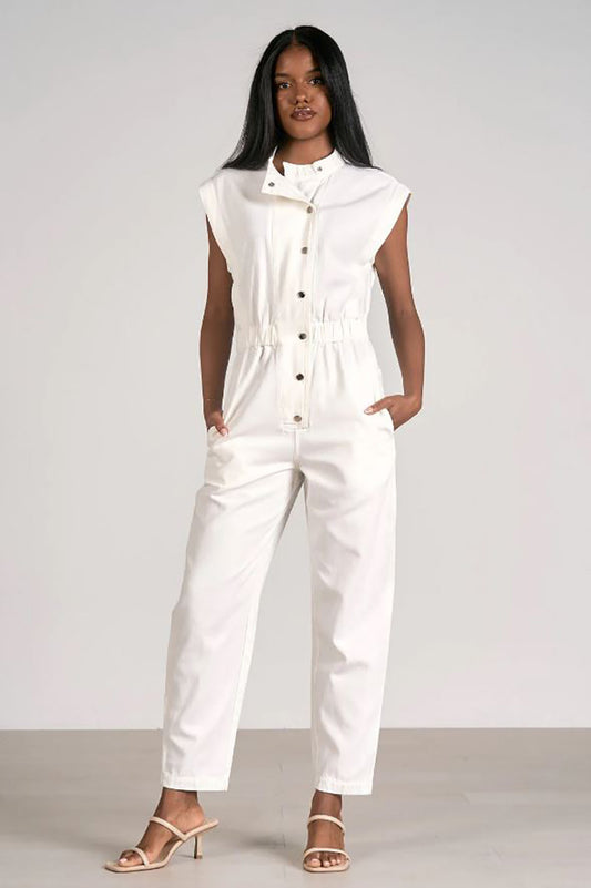 Sleeveless jumpsuit in white front view