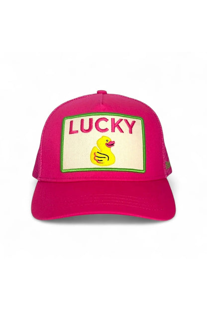 Pink trucker hat with “LUCKY” patch and yellow duck graphic