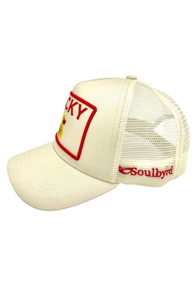 Lucky duck trucker hat in cream side view