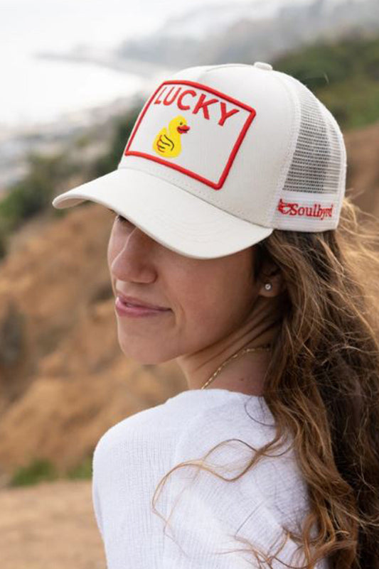 Lucky duck trucker hat in cream style view 