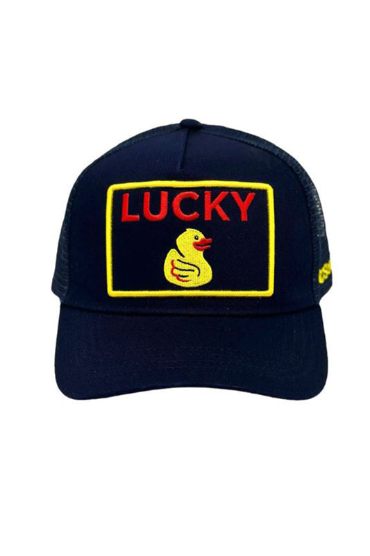 Lucky duck trucker hat in indigo front view