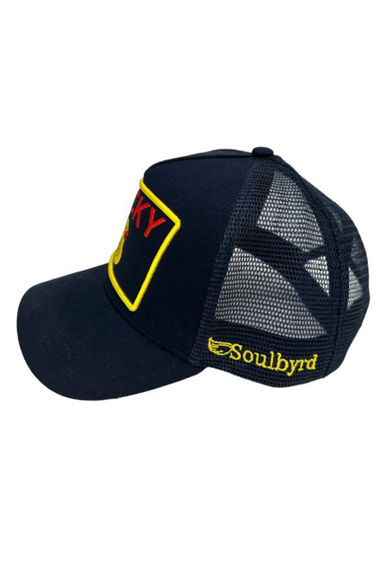 Lucky duck trucker hat in dark navy side view